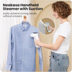 Woman using a Neakasa Handheld Steamer with Suction on a blue shirt, with text highlighting its features.