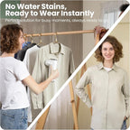 Woman using a  neakasa garment steamer on a shirt with text about no water stains and instant wearability.
