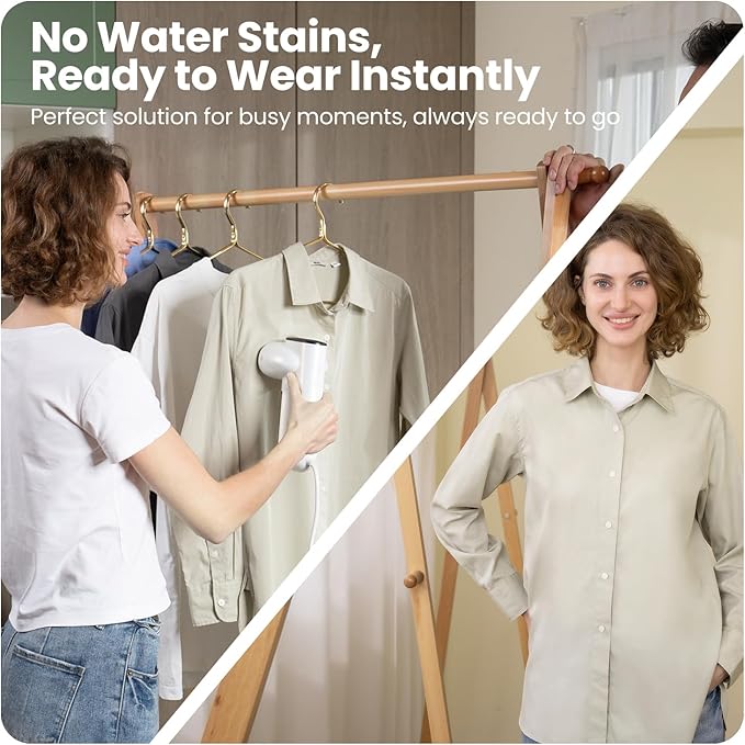 Woman using a  neakasa garment steamer on a shirt with text about no water stains and instant wearability.