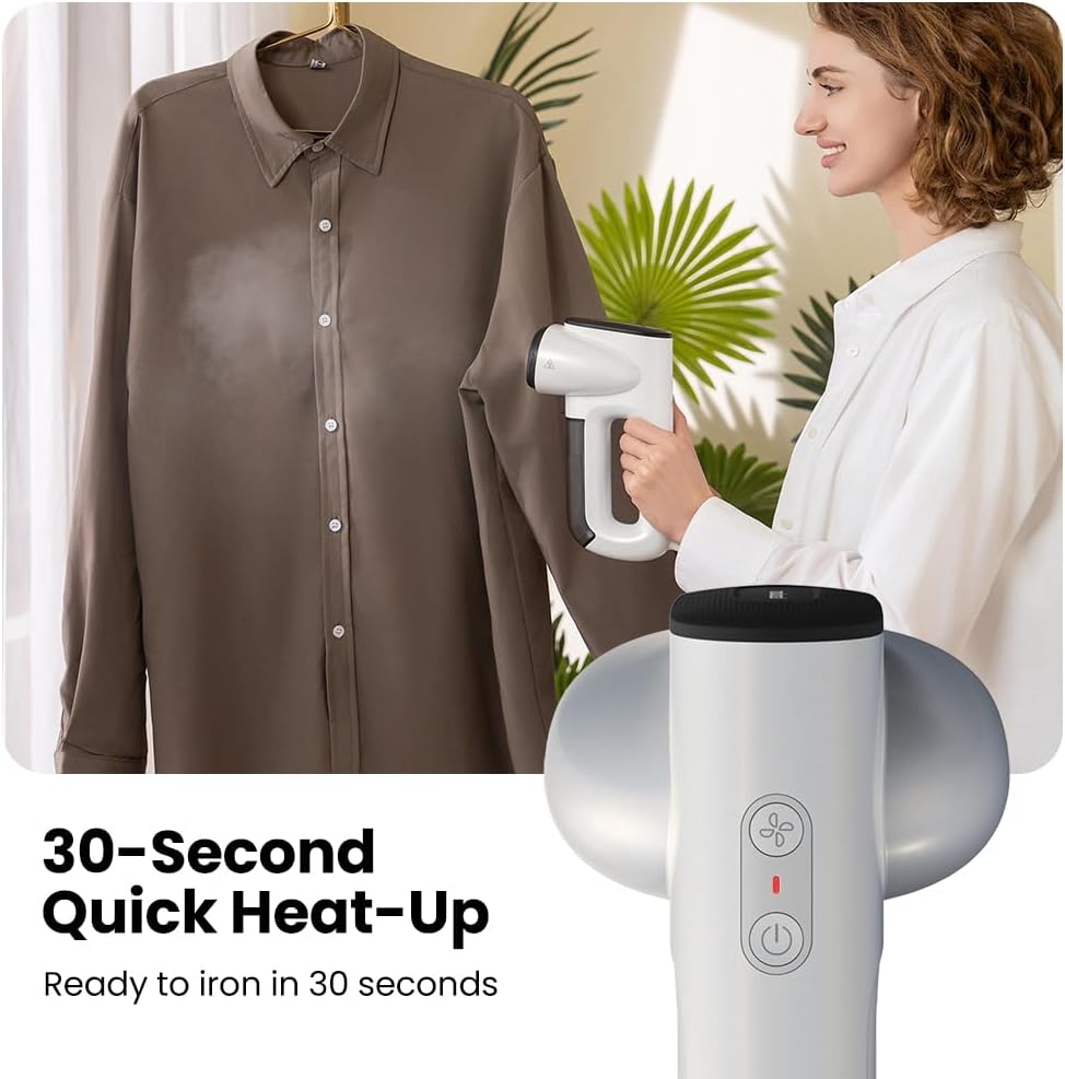 Woman using a  Neakasa handheld steamer on a shirt with text '30-Second Quick Heat-Up'.