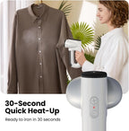 Woman using a  Neakasa handheld steamer on a shirt with text '30-Second Quick Heat-Up'.