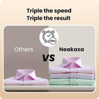 Comparison between 'Others' and 'Neakasa' with folded shirts on a beige .