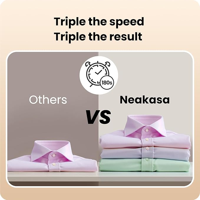Comparison between 'Others' and 'Neakasa' with folded shirts on a beige .