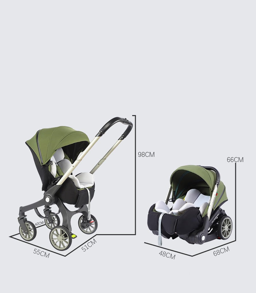 Green multi functional baby stroller with measurements .