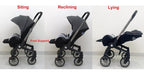 Black stroller showing different positions: sitting, reclining, and lying .
