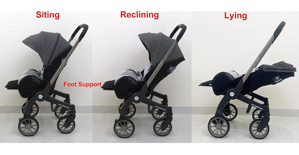 Black stroller showing different positions: sitting, reclining, and lying .