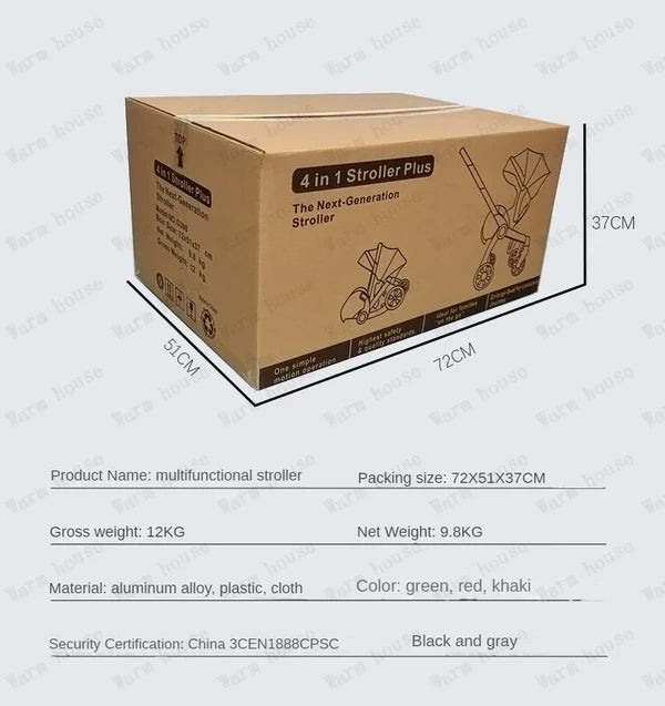 Cardboard box packaging for a multifunctional stroller with dimensions and product details.