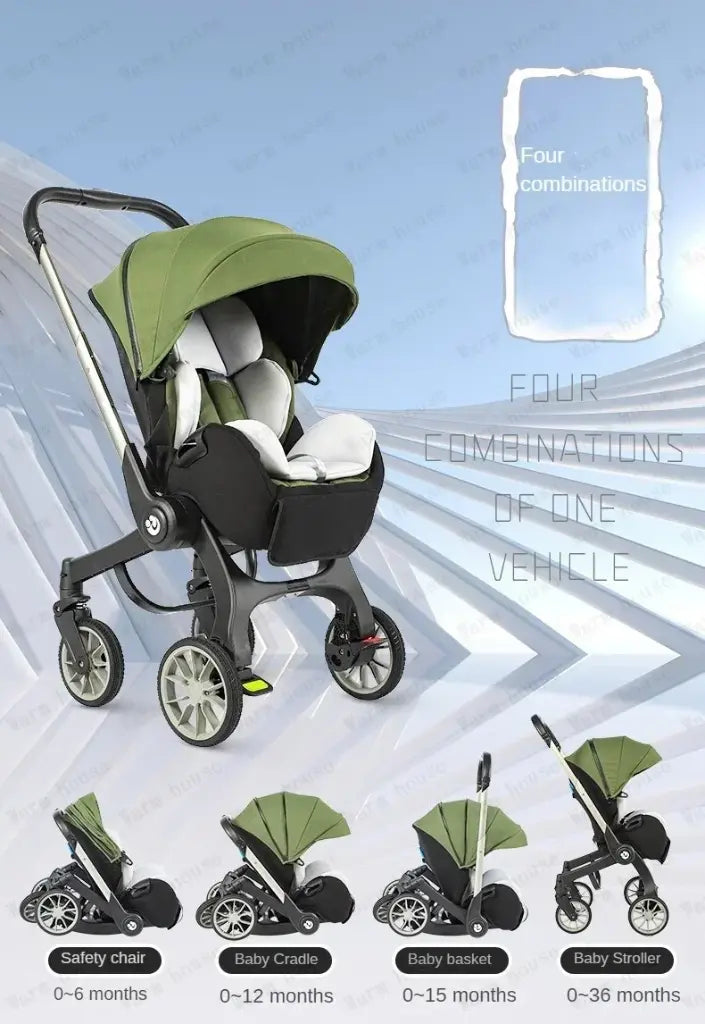 Multifunctional baby stroller with green canopy .
