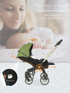  Green Baby stroller with adjustable canopy and text on speed adjustment.