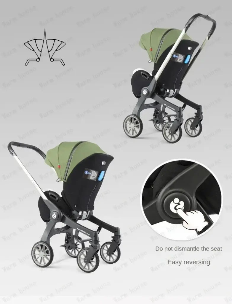 Collage of a stroller with green canopy, showing different angles .