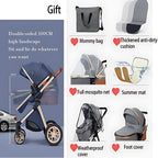 Baby stroller with various accessories and features highlighted 