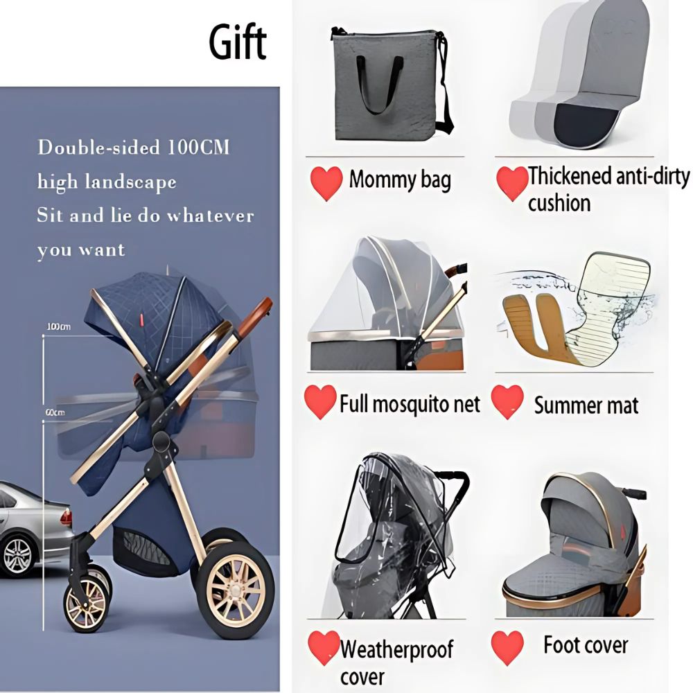 Baby stroller with various accessories and features highlighted 