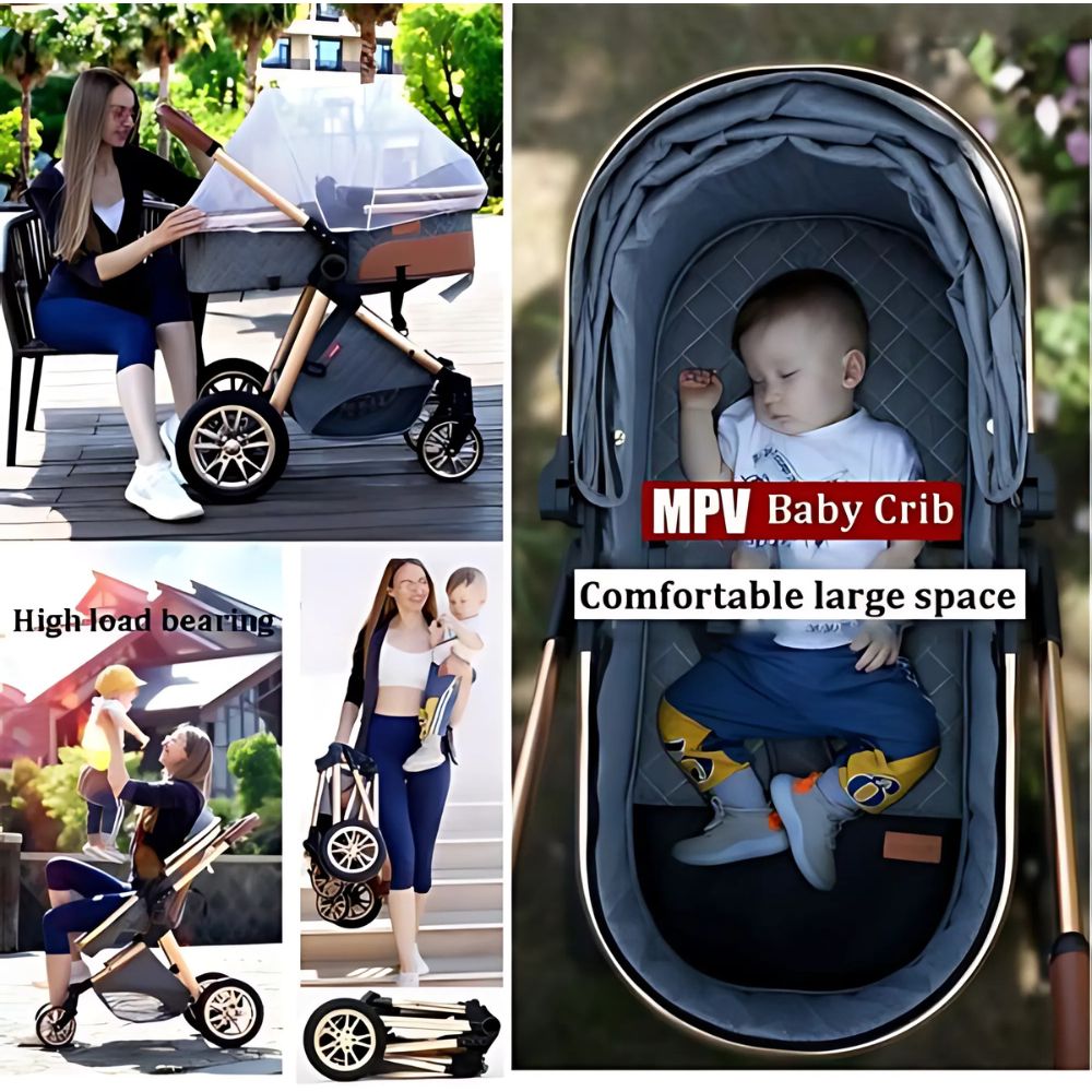 Collage of a baby stroller with a child inside, showing its comfort and space.