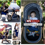 Collage of a baby stroller with a child inside, showing its comfort and space.
