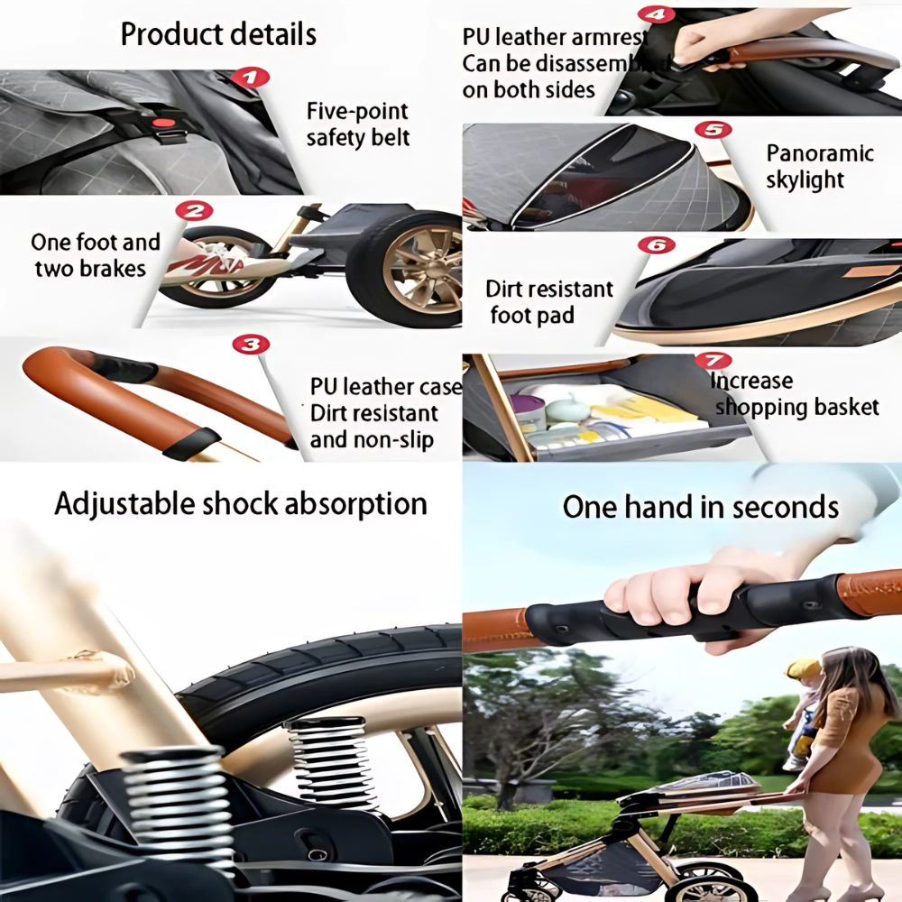 Collage of a stroller with various features highlighted.