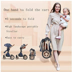 Woman holding a child and a portable stroller with folding features highlighted