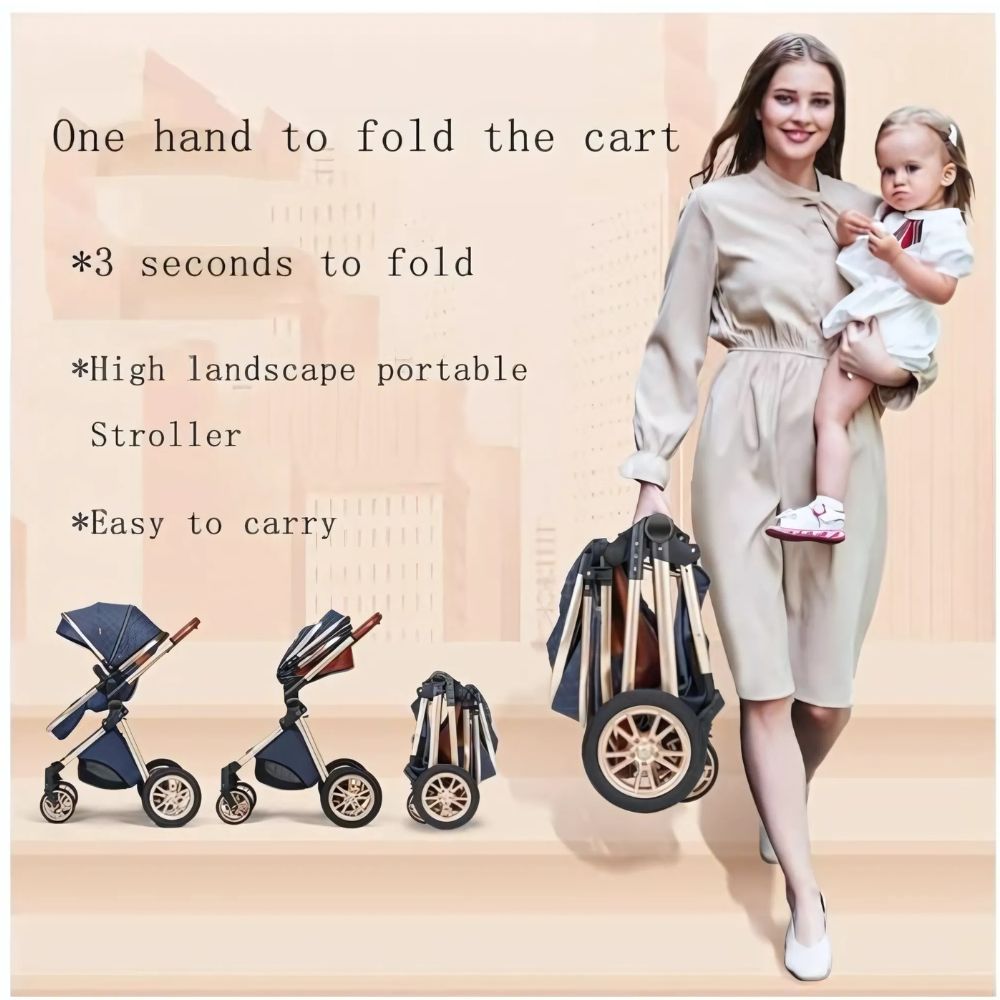 Woman holding a child and a portable stroller with folding features highlighted