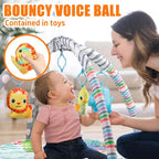 Baby playing with a colorful toy rack while a woman watches, with a close-up of a lion-shaped toy.