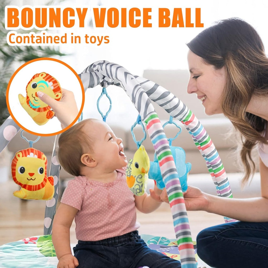 Baby playing with a colorful toy rack while a woman watches, with a close-up of a lion-shaped toy.