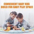 Two children playing on a colorful rug with toys, text 'Convenient Baby Rug Build for Baby Play Space' above.