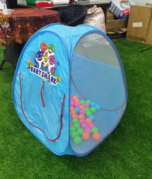 Blue play tent with Baby Shark on a grassy surface