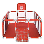 Red and silver playpen with basketball.