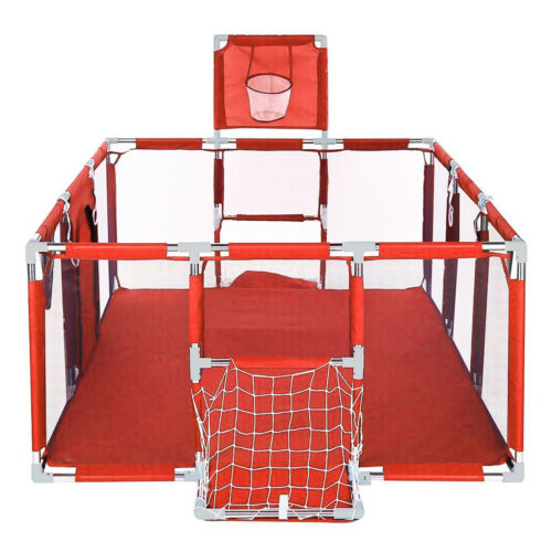 Red and silver playpen with basketball.