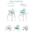 Baby high chair with dimensions and product information .