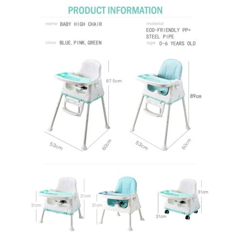 Baby high chair with dimensions and product information .