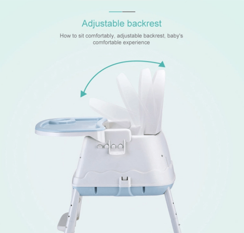 White portable plastic  baby high chair with adjustable backrest.