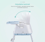 White portable plastic  baby high chair with adjustable backrest.