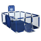 Blue children's playpen with basketball hoop and soccer goal .