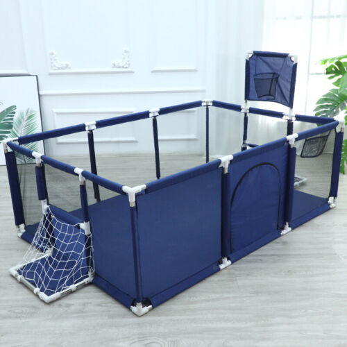 Navy blue pet playpen with white accents .