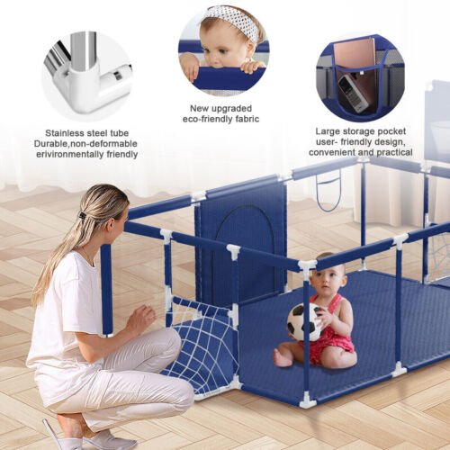 Baby playpen with features highlighted, including stainless steel tube, eco-friendly fabric, and large storage pocket.