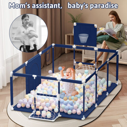 Baby playpen with colorful balls inside, baby playing.