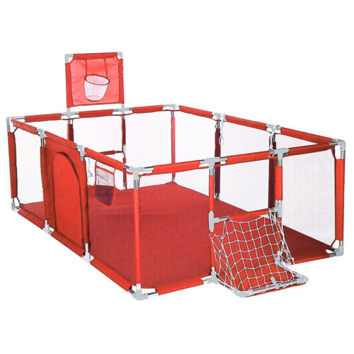 Red playpen with a goal and cup holder .