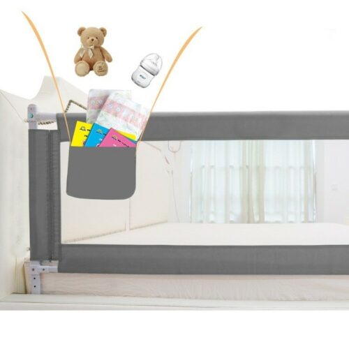 Gray baby crib safety rail with toys.