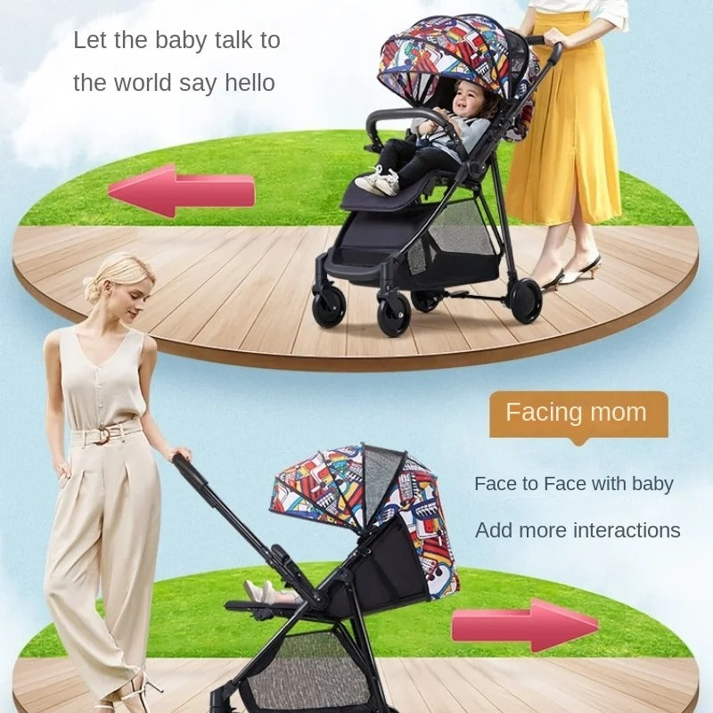 Baby in a  lightweight reversible stroller with colorful canopy.