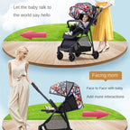 Baby in a  lightweight reversible stroller with colorful canopy.