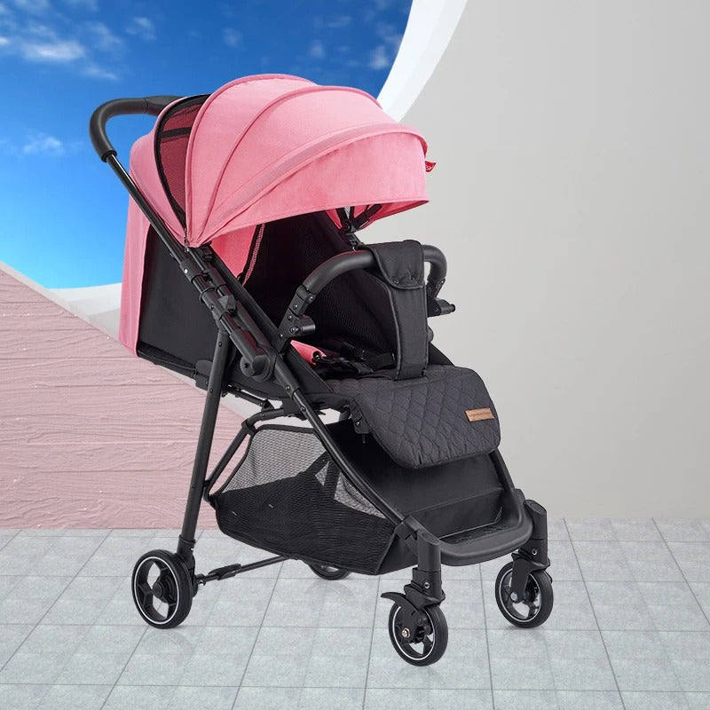 Pink and black stroller lightweight reversible travel system.