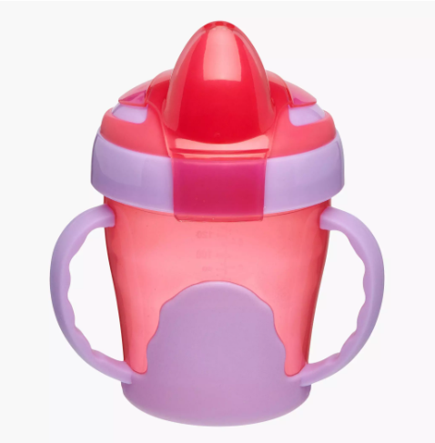 Vital Hydrate Pink and purple sippy cup with handles .