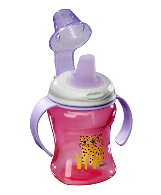 Vital Hydrate Pink sippy cup with purple handles and lid featuring a leopard design 