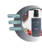 Roots&Glow shower gel bottle with product features 