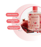 Roots & Glow Shower gel bottle with pomegranate design .