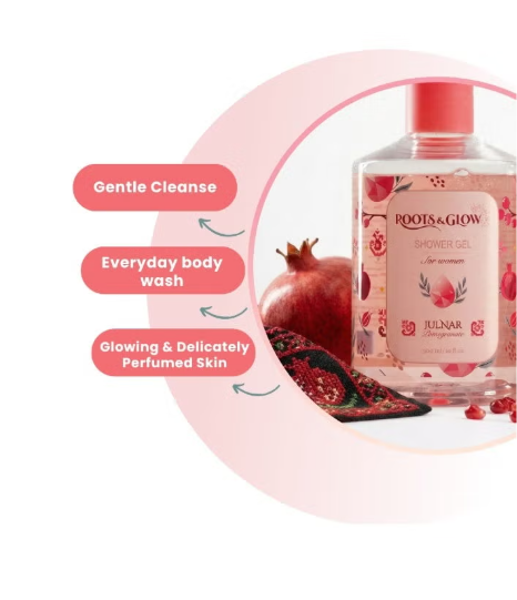 Roots & Glow Shower gel bottle with pomegranate design .