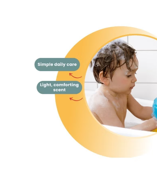 Child taking a bath with text about simple daily care and light, comforting scent.