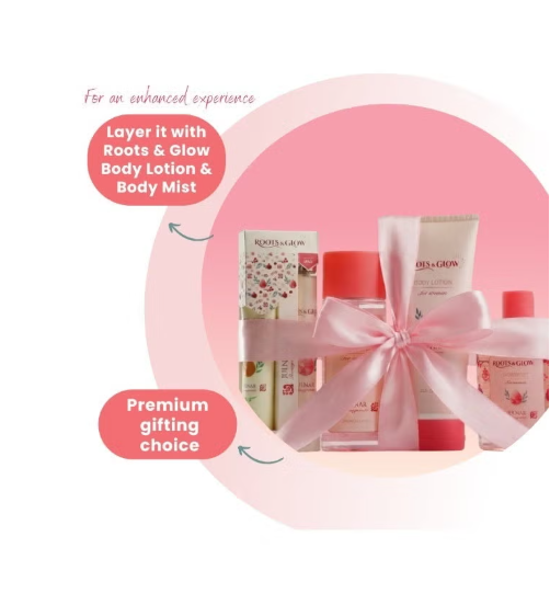 Roots& Glow set with a pink bow, bottles and containers.