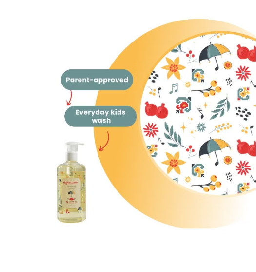 Bottle of 'Everyday kids wash' with a colorful patterned circle .