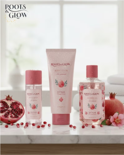 Roots & Glow skincare products with pomegranate elements 