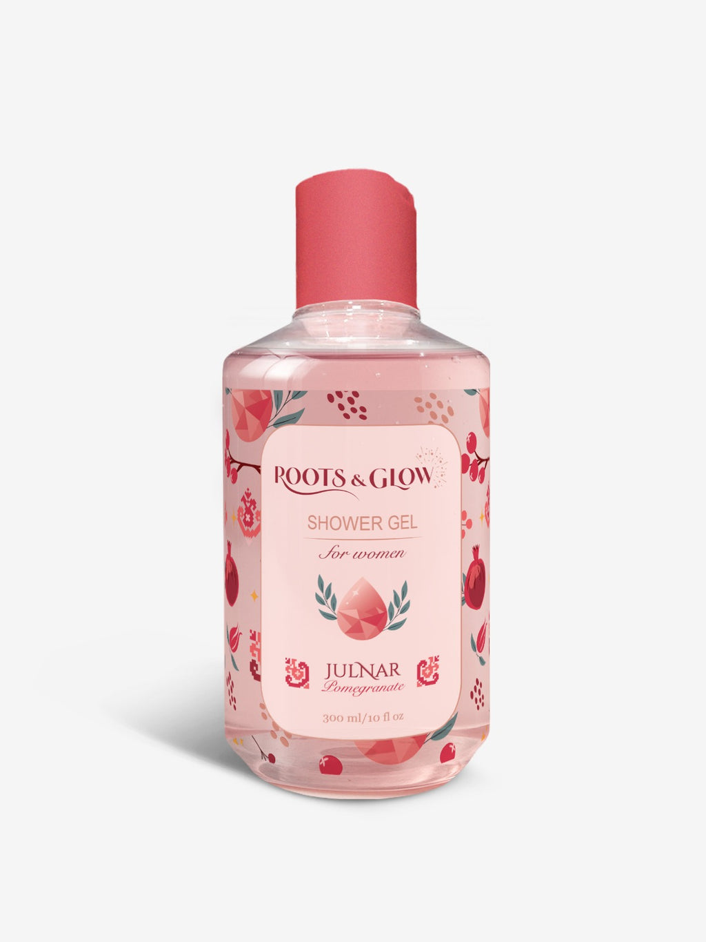 Roots & Glow Shower gel bottle with pink cap and floral design 